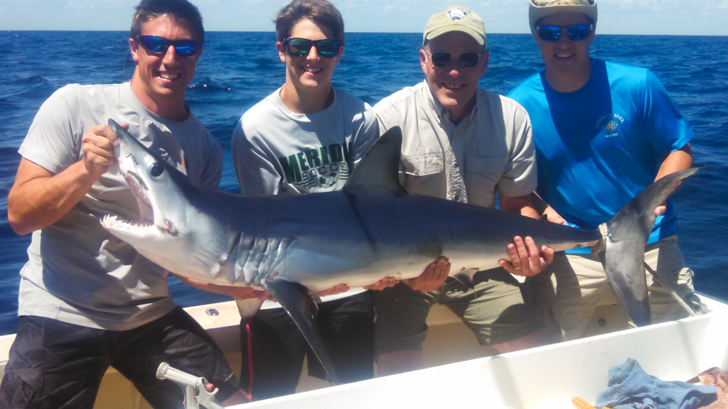 Group of Fishermen Holding a Shark Caught on Their CT Fishing Trip